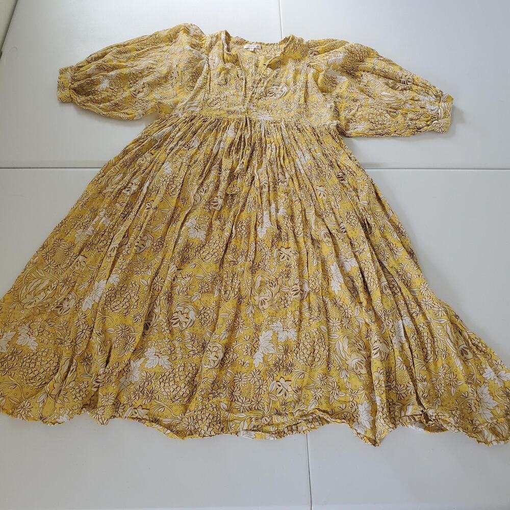 Sundry Dress Womens Small Size 1 Yellow Floral Puff Sleeve Boho Midi Cotton